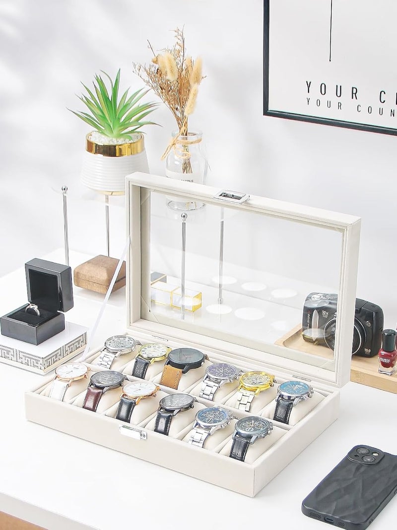 Adugay Watch Display Case For Men,Leather Watch Organizer Box,Watch Collection Storge Holder For Women,Watch Travel Organizer Tray (Beige Velvet, 12 slots) - Image 2